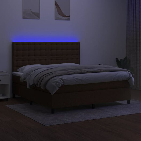 vidaXL Cama box spring colch&oacute;n luces LED tela marr&oacute;n oscuro 180x200cm