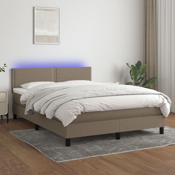 vidaXL Cama box spring colch&oacute;n y luces LED tela gris taupe 140x200 cm