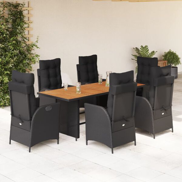 vidaXL Set de comedor de jard&iacute;n 7 pzas y cojines rat&aacute;n sint&eacute;tico negro