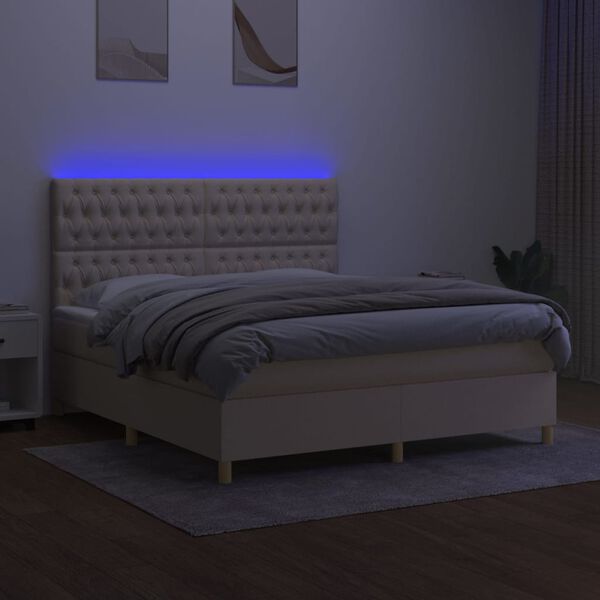 vidaXL Cama box spring colch&oacute;n y luces LED tela crema 160x200 cm