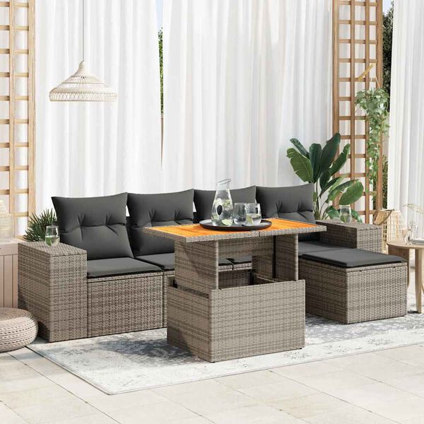 vidaXL Set de muebles de jard&iacute;n 6 pzas y cojines rat&aacute;n sint&eacute;tico gris