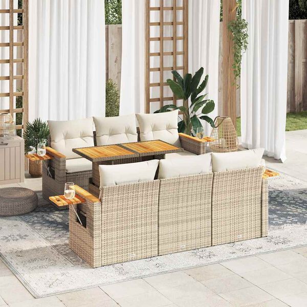 vidaXL Set sof&aacute;s jard&iacute;n y cojines 7 pzas rat&aacute;n sint&eacute;tico acacia beige