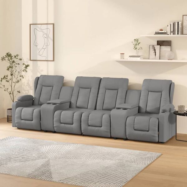 vidaXL Sill&oacute;n reclinable masaje 4 plazas y portavasos cuero PE gris