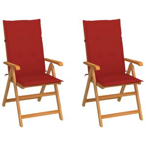 vidaXL Sillas plegables (2 unidades) con cojines rojos, de madera maciza de teca.