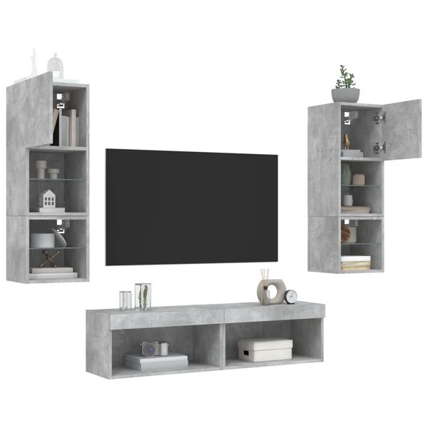 vidaXL Muebles TV pared con LED 6 pzas madera ingeniería gris hormigón