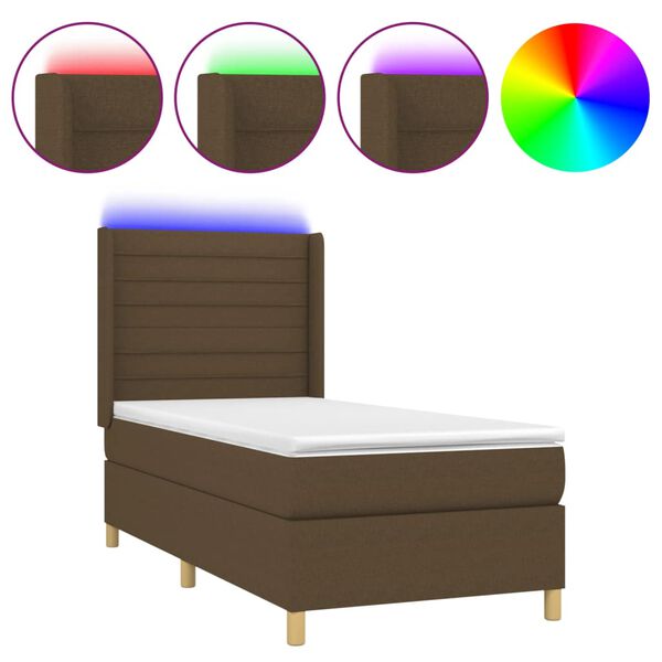 vidaXL Cama box spring colch&oacute;n y luces LED tela marr&oacute;n oscuro 90x200cm