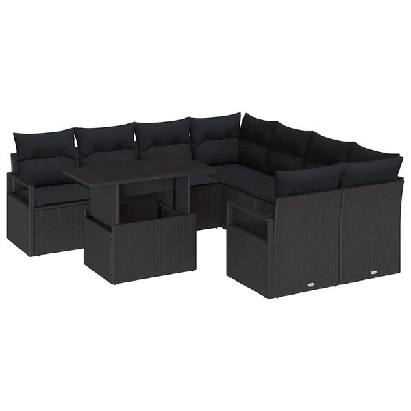 vidaXL Conjunto de sof&aacute; de jard&iacute;n 9 pcs Negro rat&aacute;n sint&eacute;tico