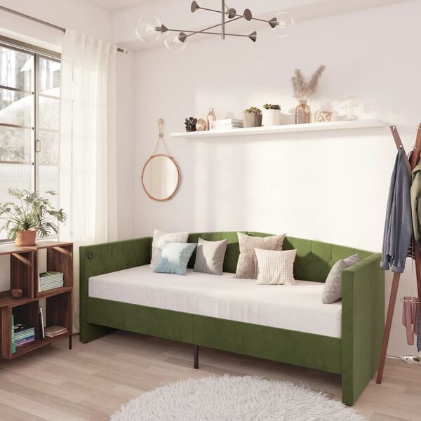 vidaXL Sof&aacute; cama con colch&oacute;n USB terciopelo verde oscuro 90x200 cm