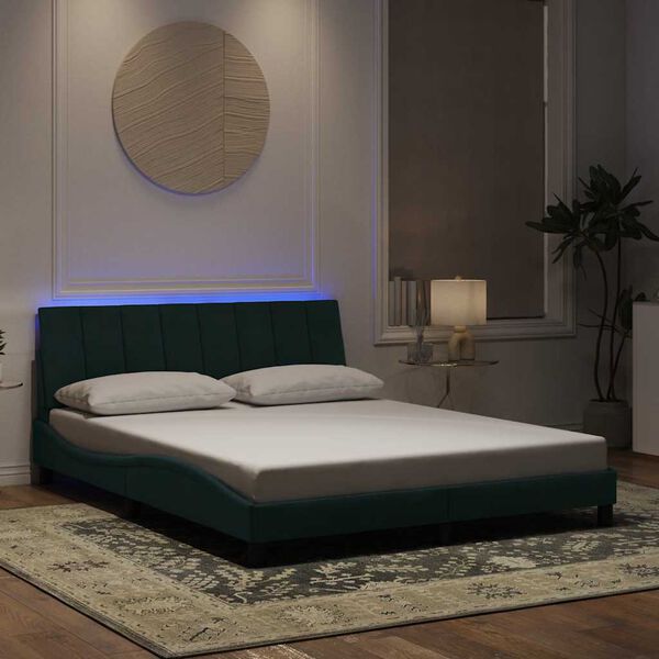 vidaXL Estructura de cama con LED sin colch&oacute;n Hanko terciopelo verde oscuro 160x200cm