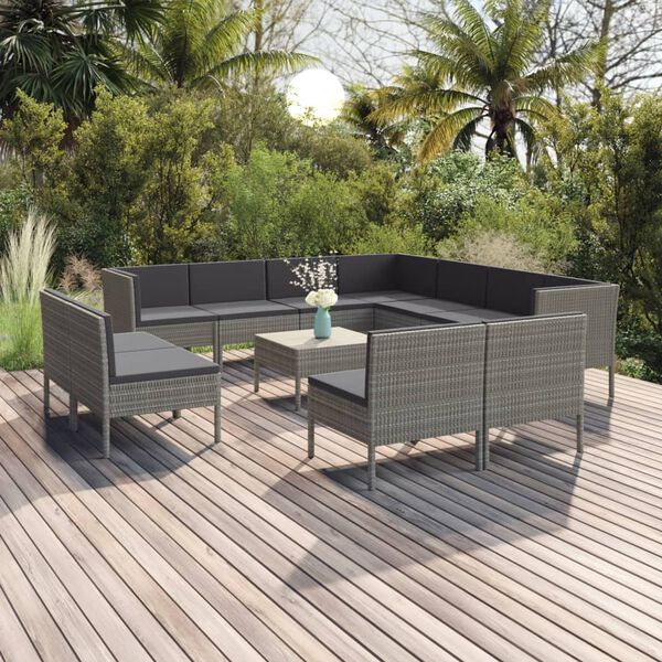 vidaXL Set de muebles de jard&iacute;n 12 pzas y cojines rat&aacute;n sint&eacute;tico gris