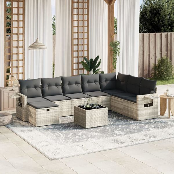 vidaXL Set muebles jard&iacute;n 9 pzas y cojines rat&aacute;n sint&eacute;tico gris claro