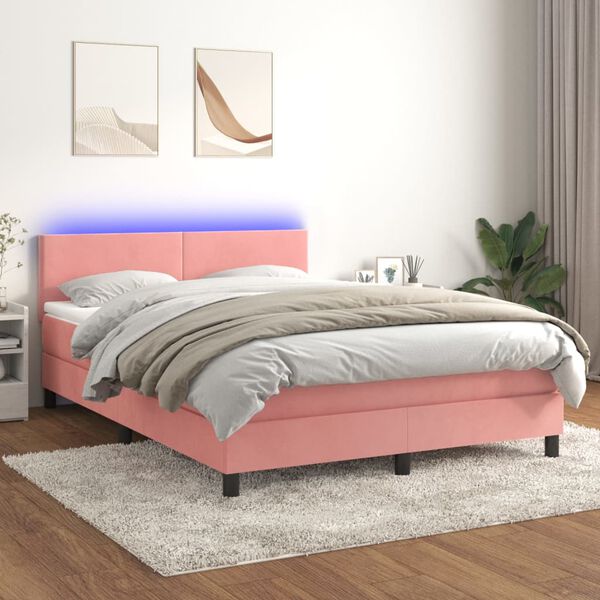 vidaXL Cama box spring colch&oacute;n y LED terciopelo rosa 140x200 cm