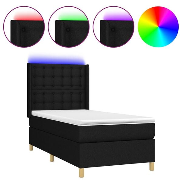 vidaXL Cama box spring colch&oacute;n y luces LED tela negro 100x200 cm