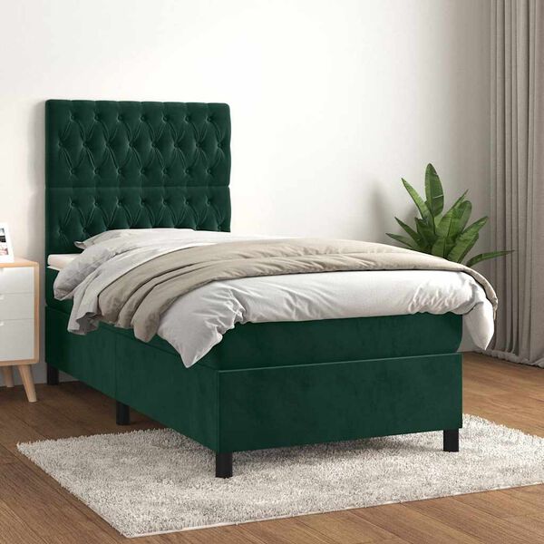 vidaXL Cama box spring con colch&oacute;n terciopelo verde oscuro 90x200 cm