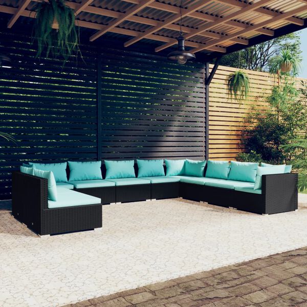 vidaXL Set de muebles de jard&iacute;n 10 pzas cojines rat&aacute;n sint&eacute;tico negro