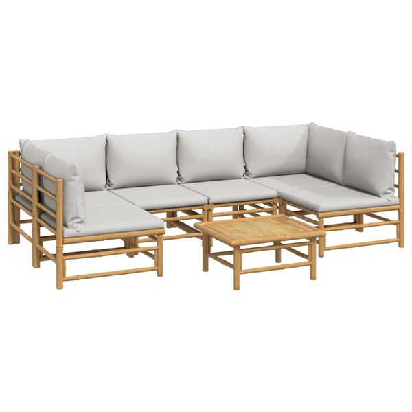 vidaXL Set de muebles de jardín 7 piezas bambú y cojines gris claro