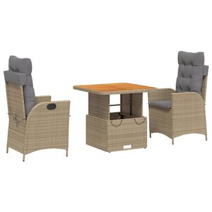 vidaXL Set comedor de jard&iacute;n 3 pzas con cojines rat&aacute;n sint&eacute;tico beige