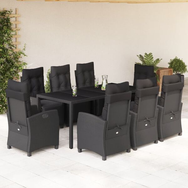 vidaXL Set de comedor de jard&iacute;n 9 pzas y cojines rat&aacute;n sint&eacute;tico negro