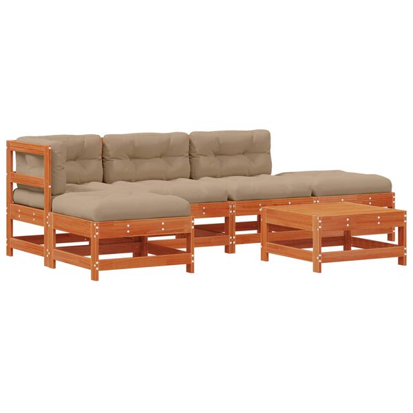 vidaXL Conjunto de Sof&aacute;s de Jard&iacute;n 5 pcs Marr&oacute;n Cera Pino macizo