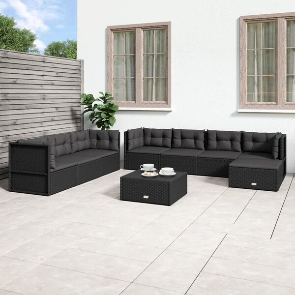 vidaXL Set de muebles de jard&iacute;n 8 pzas y cojines rat&aacute;n sint&eacute;tico negro