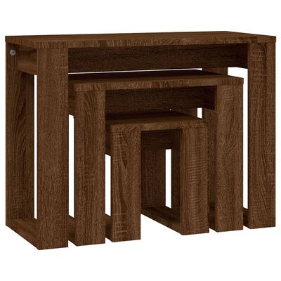 vidaXL Mesas apilables 3 pzas madera contrachapada color roble marrón