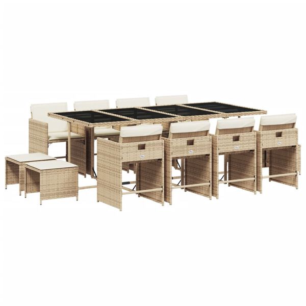 vidaXL Set comedor de jard&iacute;n con cojines 13 pzas rat&aacute;n sint&eacute;tico beige