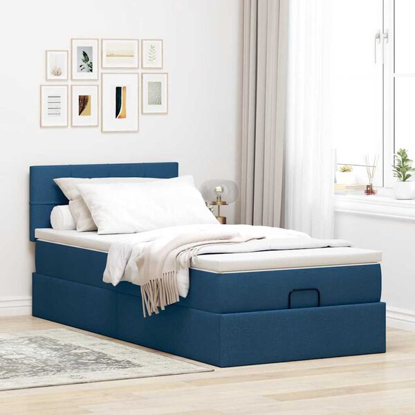 vidaXL Cama otomana con colch&oacute;n y luces LED azul 100x200 cm Tela