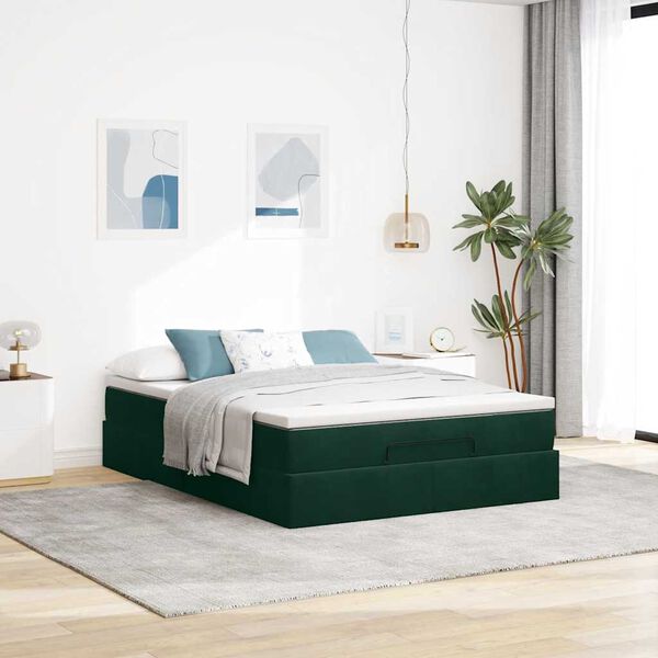 vidaXL Estructura de cama otomana con colch&oacute;n verde oscuro 140x200 cm