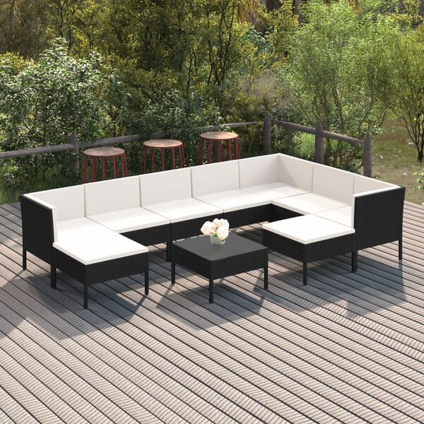 vidaXL Set de muebles de jard&iacute;n 10 pzas cojines rat&aacute;n sint&eacute;tico negro