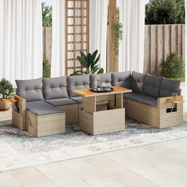 vidaXL Set sof&aacute;s jard&iacute;n y cojines 9 pzas rat&aacute;n sint&eacute;tico acacia beige
