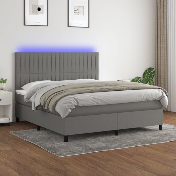 vidaXL Cama box spring colch&oacute;n y luces LED tela gris oscuro 180x200 cm