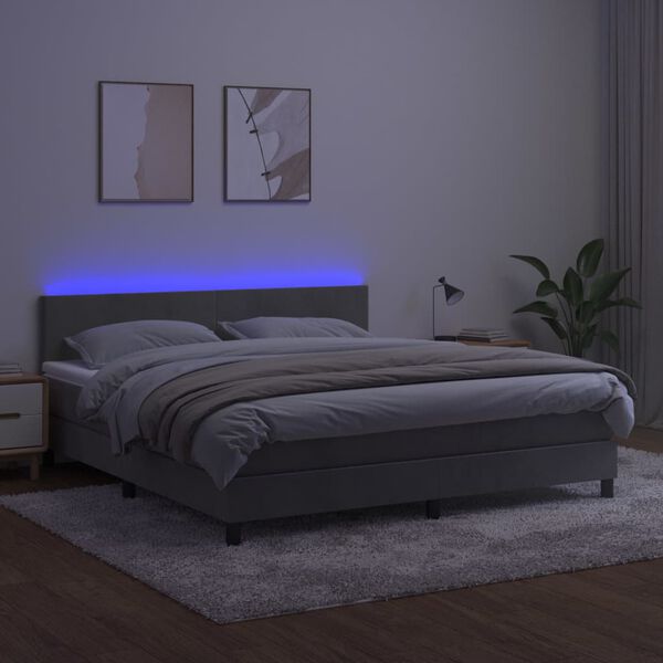 vidaXL Cama box spring colch&oacute;n y LED terciopelo gris claro 180x200 cm