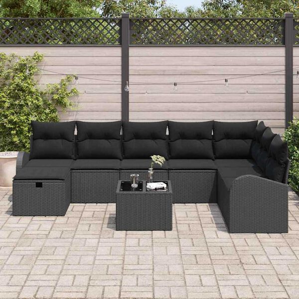 vidaXL Conjunto de sof&aacute; de jard&iacute;n con coj&iacute;n 9 pcs Negro Polirat&aacute;n