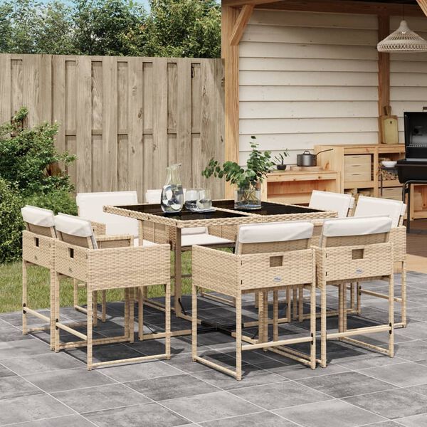 vidaXL Set comedor de jard&iacute;n 9 pzas con cojines rat&aacute;n sint&eacute;tico beige