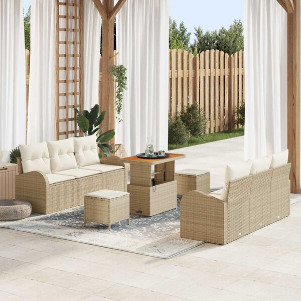 vidaXL Conjunto de sofá de jardín con cojín 9 pcs Beige Poliratán