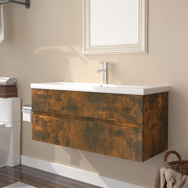vidaXL Mueble de ba&ntilde;o con lavabo madera contrachapada roble ahumado