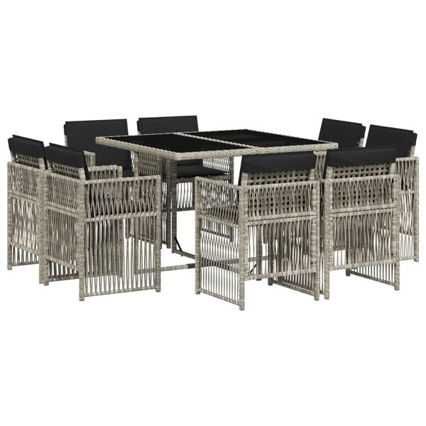 vidaXL Set comedor de jard&iacute;n 9 pzas cojines rat&aacute;n sint&eacute;tico gris claro