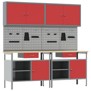 vidaXL Conjunto de banco de trabajo con caj&oacute;n 8 pcs Rojo y Gris