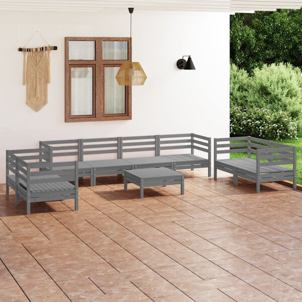 vidaXL Juego de muebles de jard&iacute;n 9 piezas madera maciza de pino gris