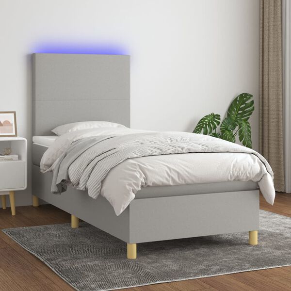 vidaXL Cama box spring colch&oacute;n y luces LED tela gris claro 100x200 cm