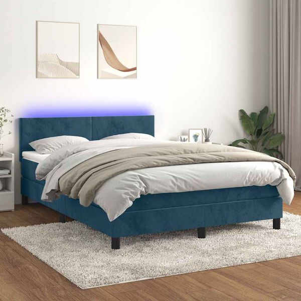 vidaXL Cama box spring colch&oacute;n y LED terciopelo azul oscuro 140x190 cm