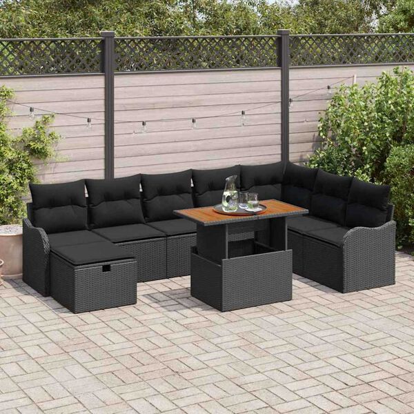 vidaXL Conjunto de sof&aacute; de jard&iacute;n 9 pcs Negro rat&aacute;n sint&eacute;tico