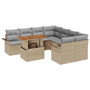 vidaXL Conjunto de sof&aacute; de jard&iacute;n 9 pcs Beige Polirat&aacute;n