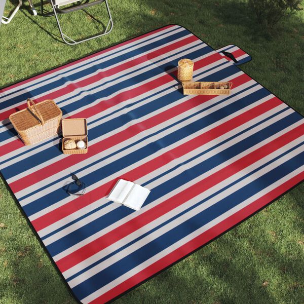 vidaXL Manta de picnic plegable terciopelo rayas rojo azul 200x200 cm