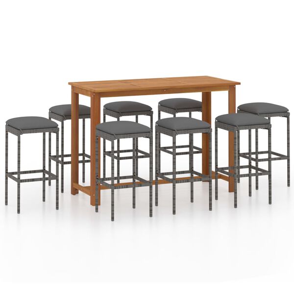 vidaXL Set de bar para jardín 9 piezas y cojines ratán sintético gris
