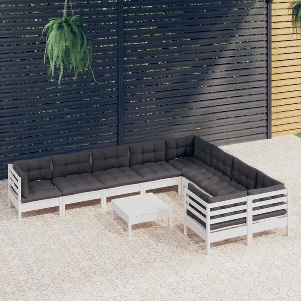 vidaXL Muebles de jardín 10 pzas con cojines blanco madera de pino
