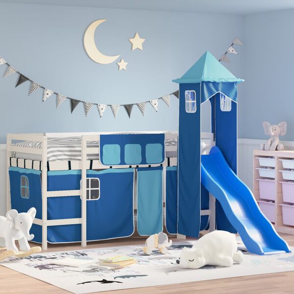 vidaXL Cama alta para ni&ntilde;os con torre madera pino azul 90x200 cm
