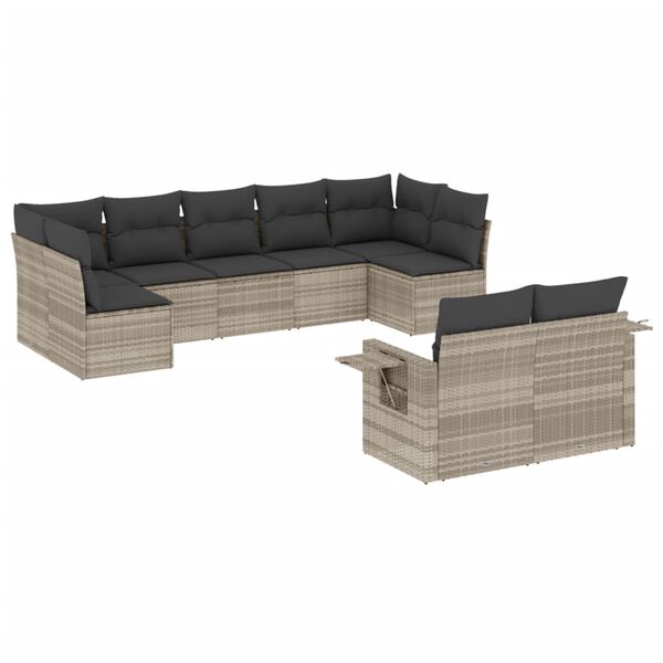 vidaXL Set muebles jard&iacute;n 9 pzas y cojines rat&aacute;n sint&eacute;tico gris claro