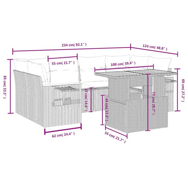 vidaXL Set de comedor de jard&iacute;n 7 pzas y cojines rat&aacute;n sint&eacute;tico negro
