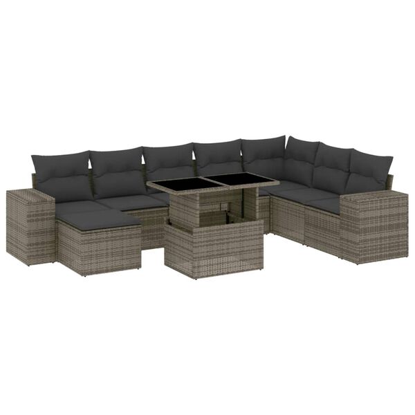 vidaXL Set de muebles de jard&iacute;n 9 pzas y cojines rat&aacute;n sint&eacute;tico gris